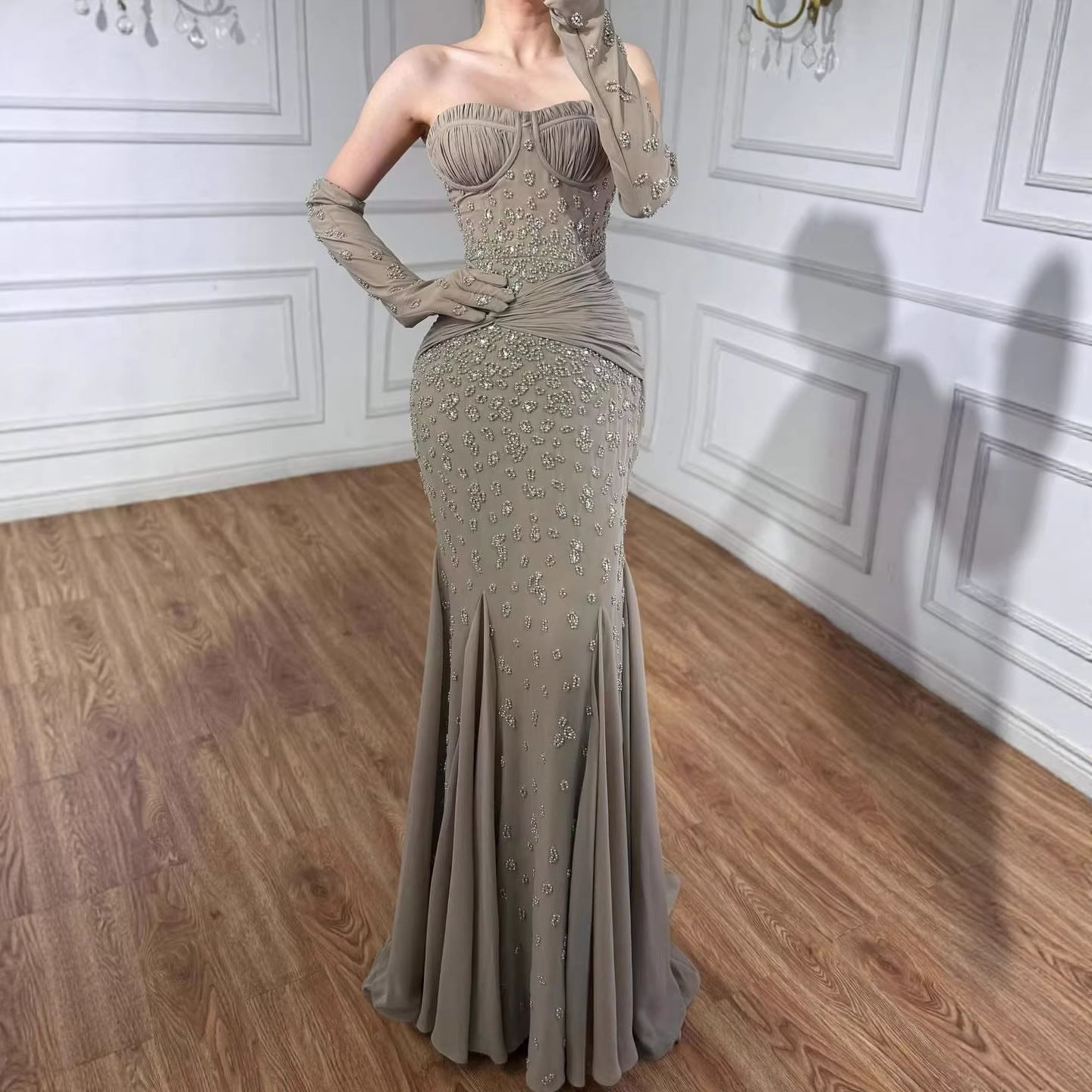 Luxury Turquoise Beaded Evening Dress With Gloves CLA72933