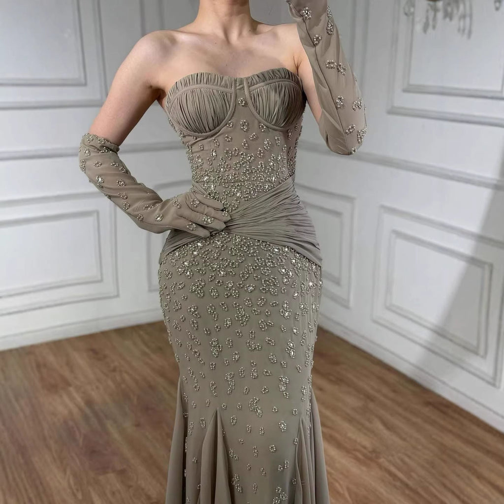 Luxury Turquoise Beaded Evening Dress With Gloves CLA72933