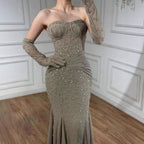 Luxury Turquoise Beaded Evening Dress With Gloves CLA72933