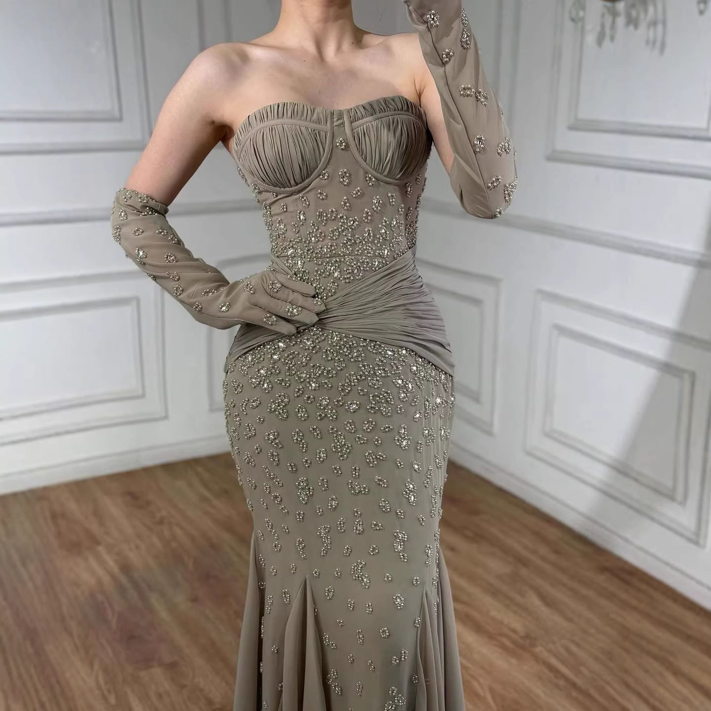 Luxury Turquoise Beaded Evening Dress With Gloves CLA72933