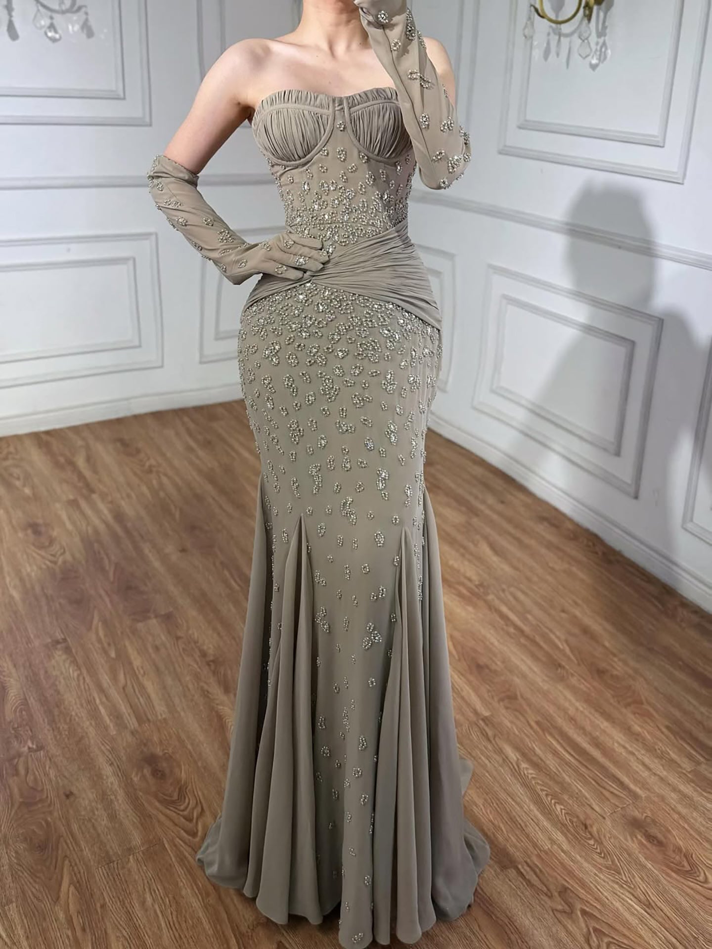 Luxury Turquoise Beaded Evening Dress With Gloves CLA72933