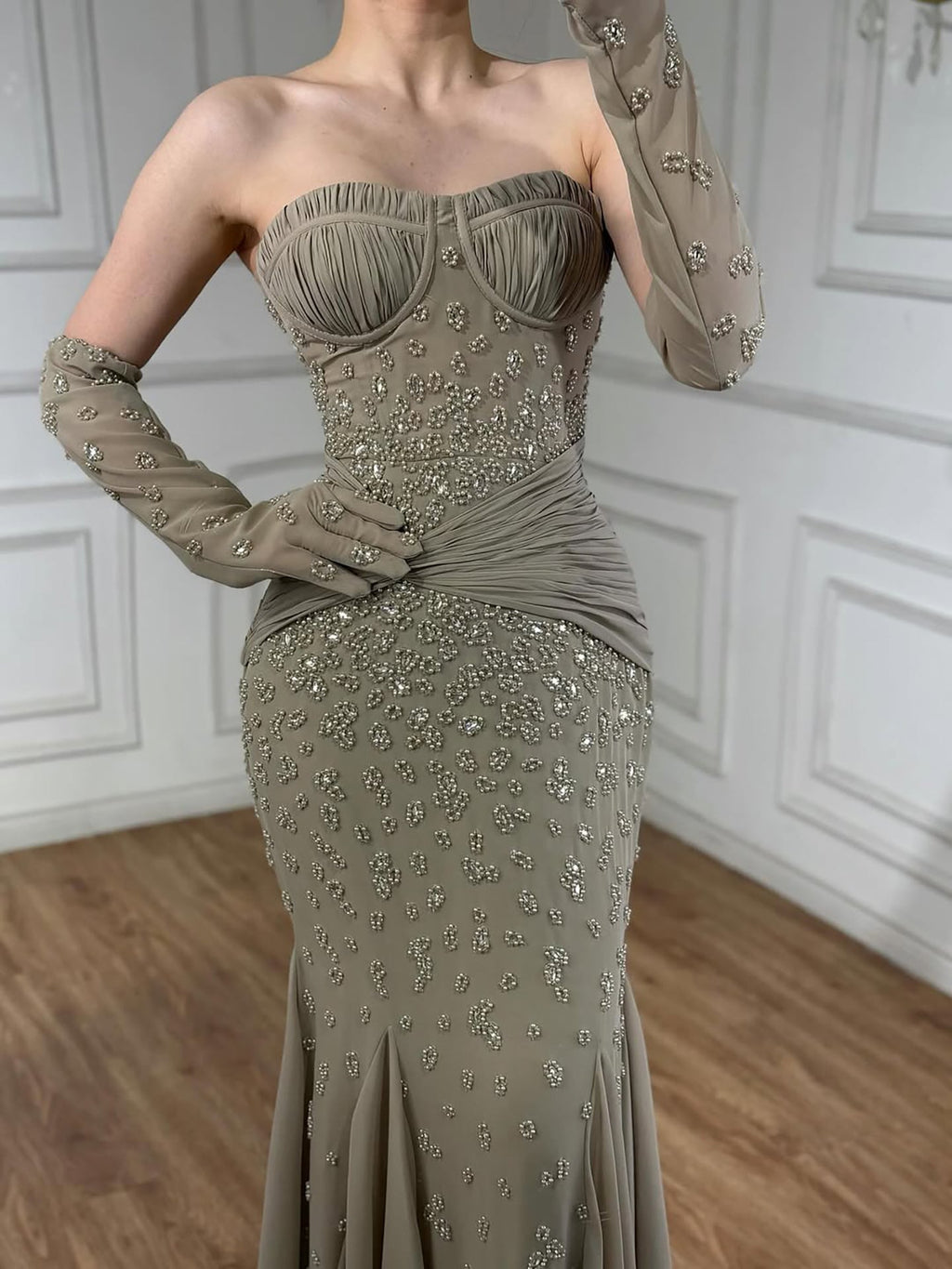 Luxury Turquoise Beaded Evening Dress With Gloves CLA72933