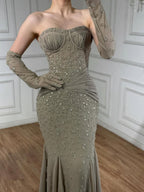 Luxury Turquoise Beaded Evening Dress With Gloves CLA72933