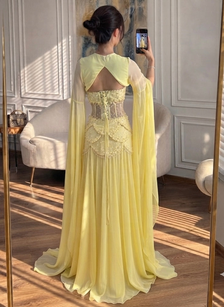 Luxury Pink Beaded A Line Strapless Dress with sheer Corset Bodice and Cape Sleeves CLA72978B