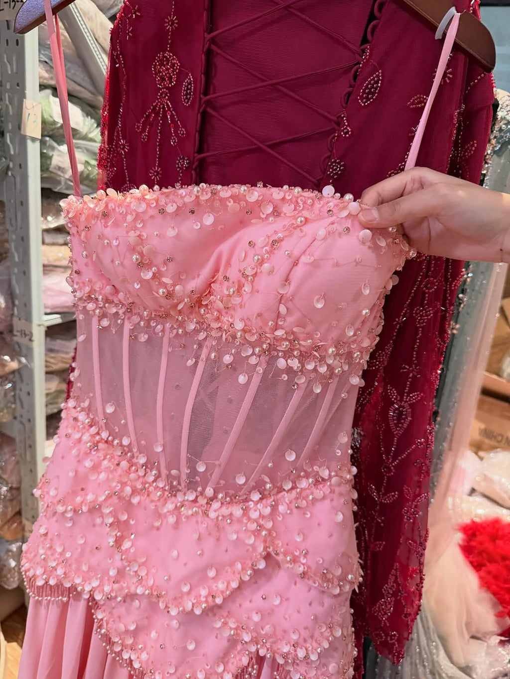 Luxury Pink Beaded A Line Dress with Chiffon Cape Sleeves CLA72978B