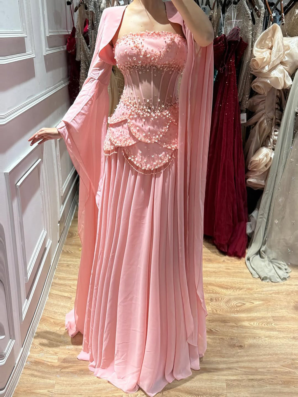 Luxury Pink Beaded A Line Dress with Chiffon Cape Sleeves CLA72978B