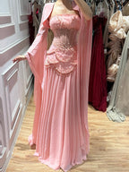 Luxury Pink Beaded A Line Dress with Chiffon Cape Sleeves CLA72978B