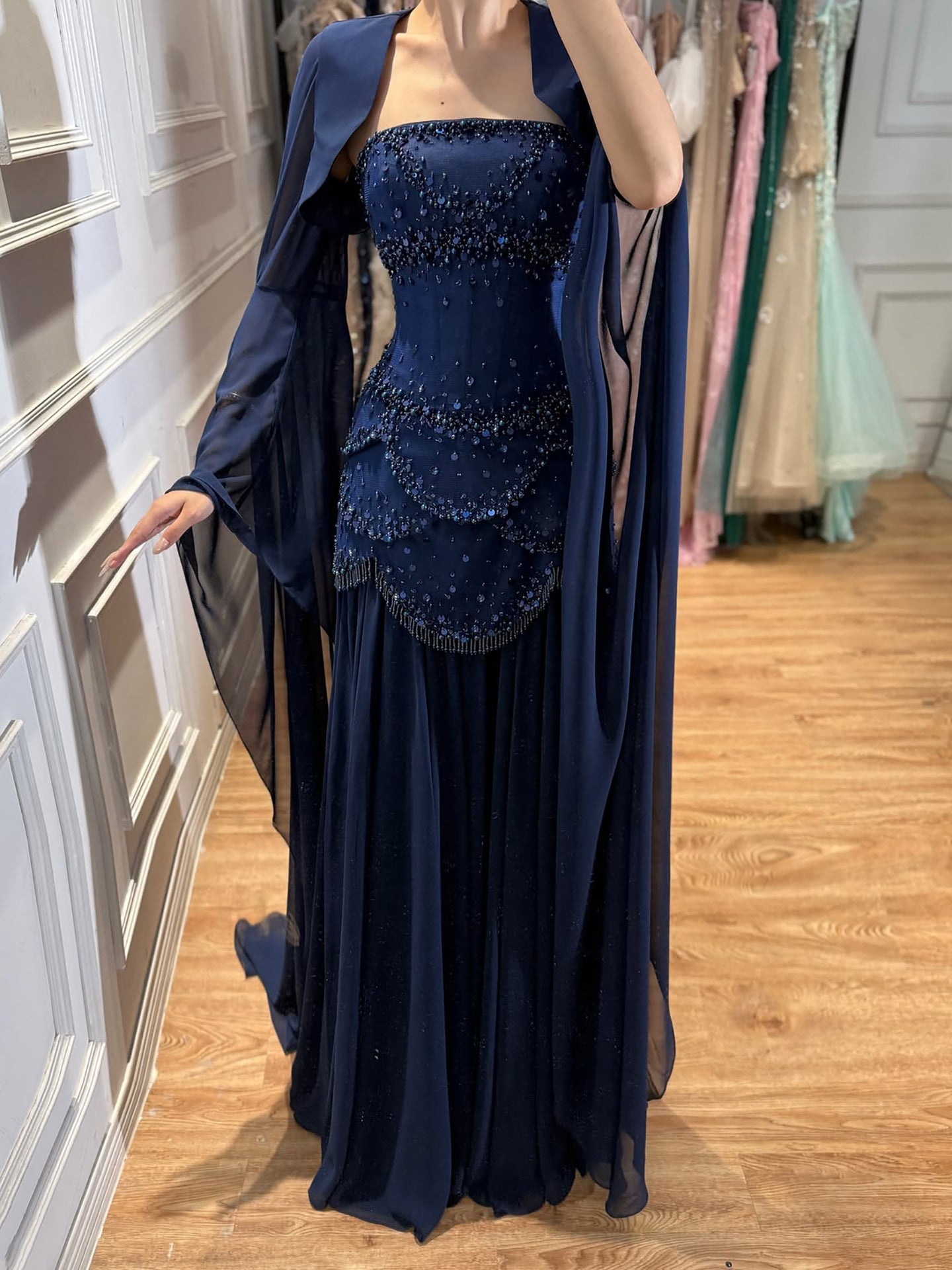 Luxury Pink Beaded A Line Strapless Dress with sheer Corset Bodice and Cape Sleeves CLA72978B