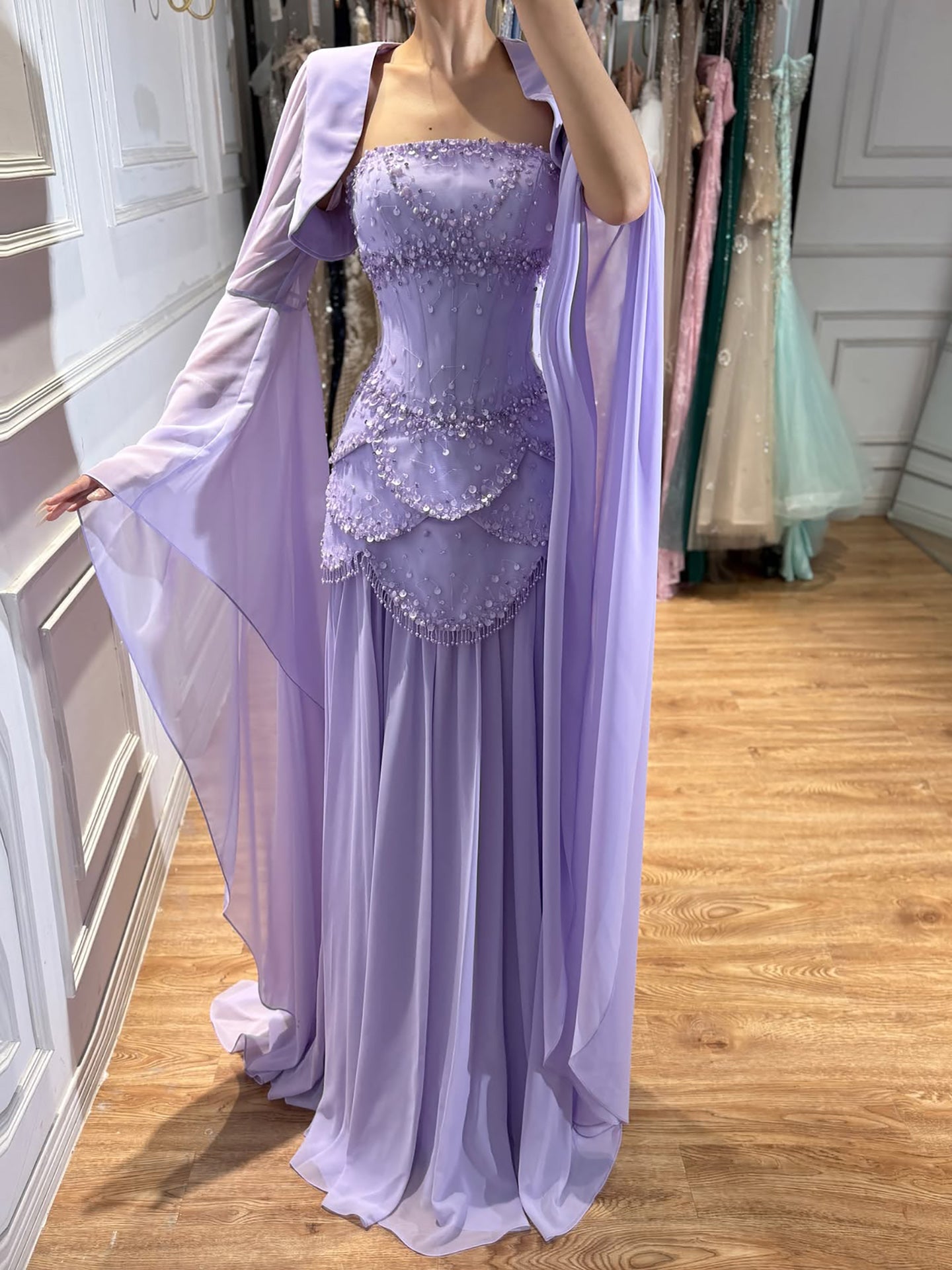 Luxury Pink Beaded A Line Strapless Dress with sheer Corset Bodice and Cape Sleeves CLA72978B