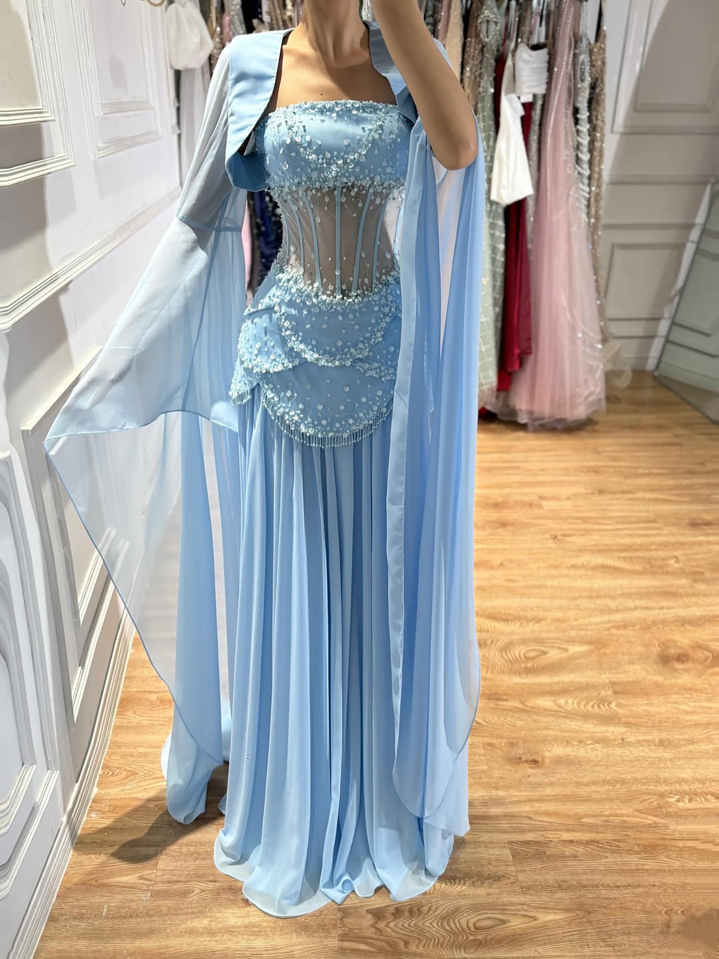 Luxury Pink Beaded A Line Strapless Dress with sheer Corset Bodice and Cape Sleeves CLA72978B