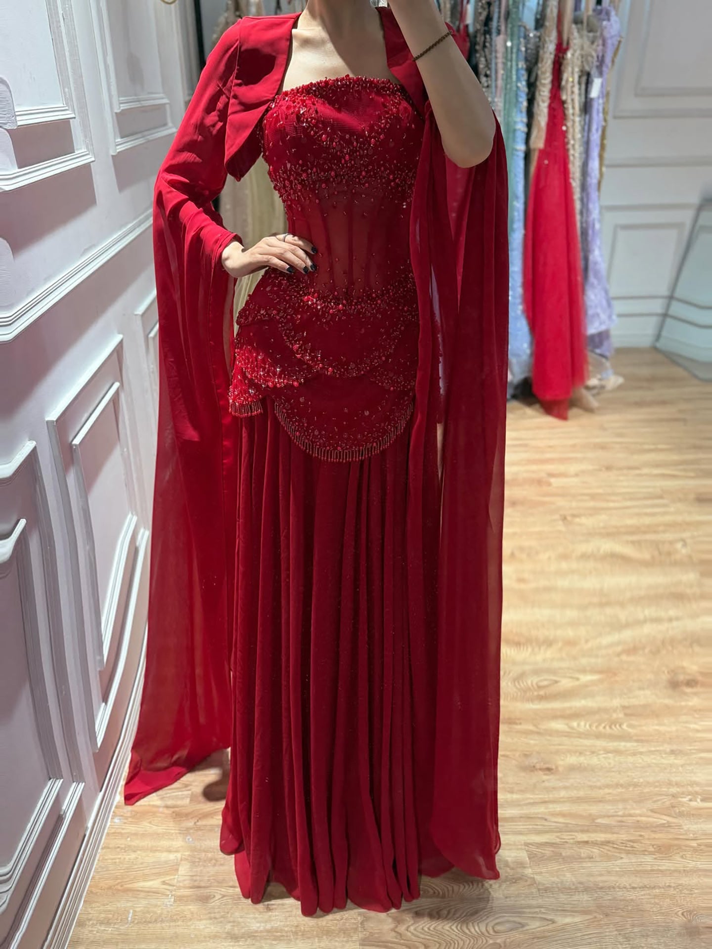Luxury Pink Beaded A Line Strapless Dress with sheer Corset Bodice and Cape Sleeves CLA72978B