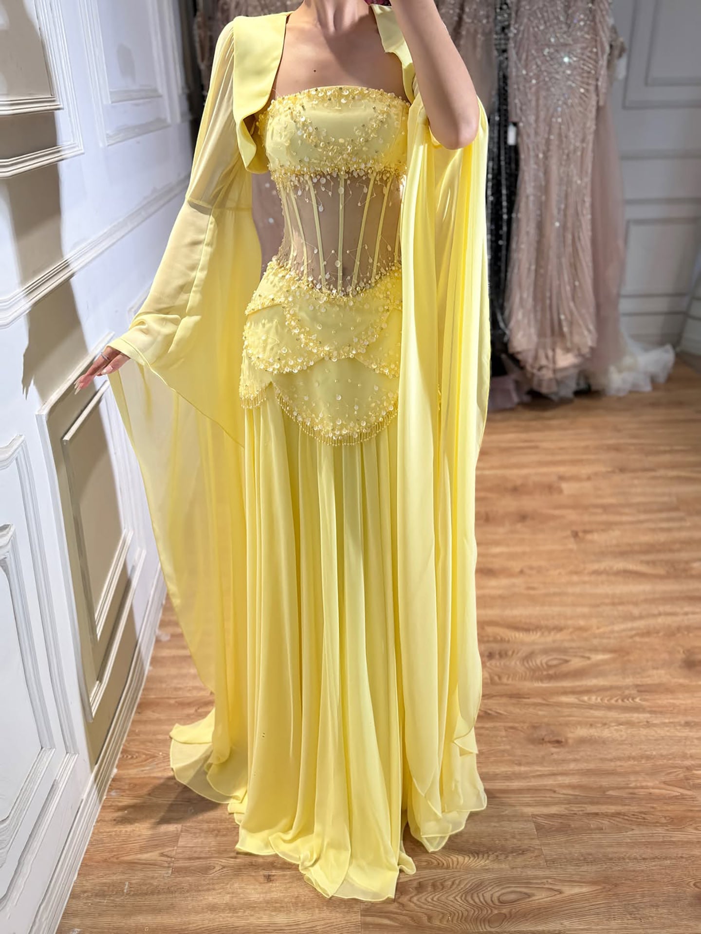 Luxury Pink Beaded A Line Strapless Dress with sheer Corset Bodice and Cape Sleeves CLA72978B
