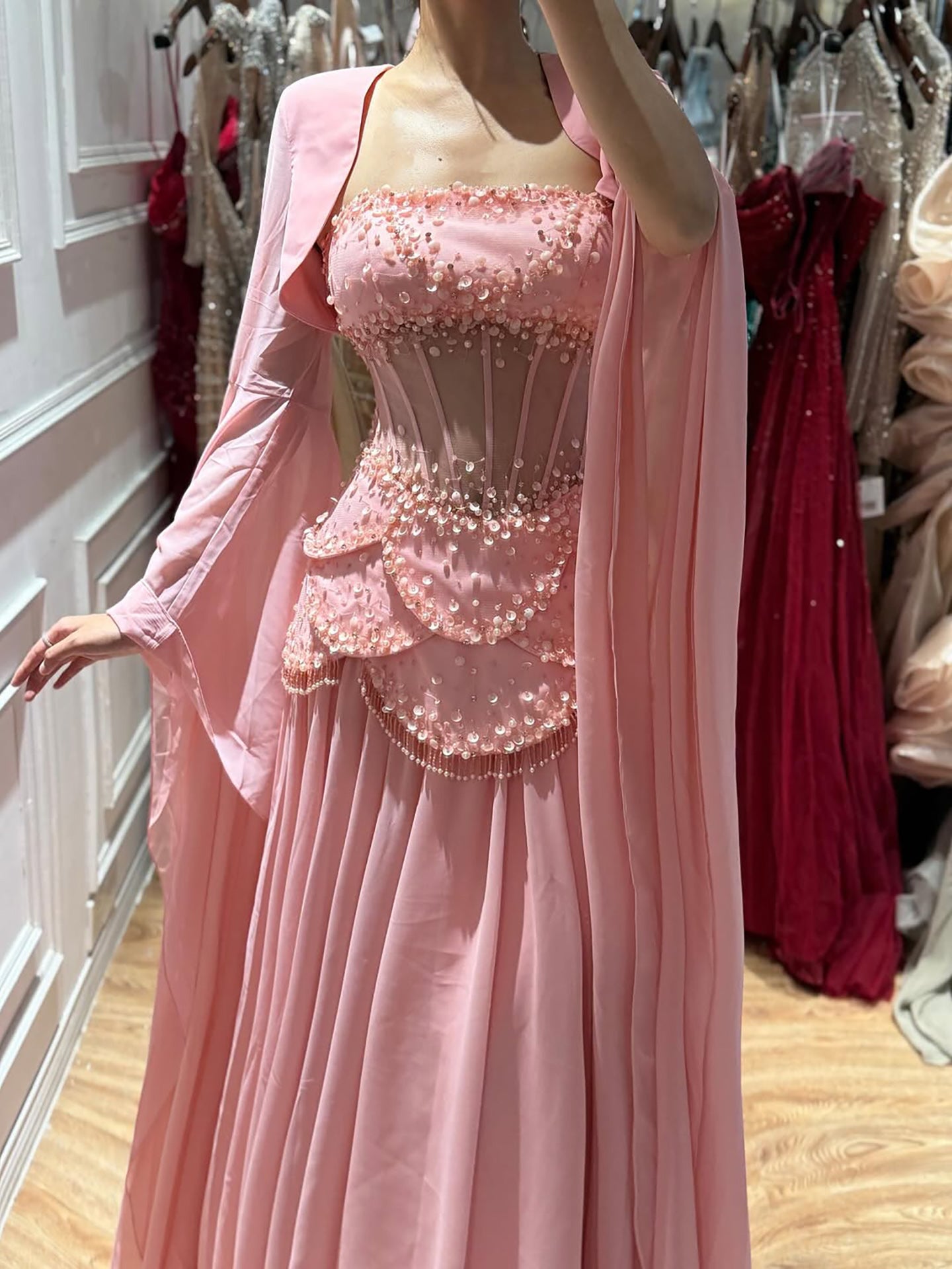 Luxury Pink Beaded A Line Dress with Chiffon Cape Sleeves CLA72978B