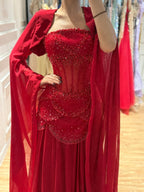 Luxury Pink Beaded A Line Dress with Chiffon Cape Sleeves CLA72978B
