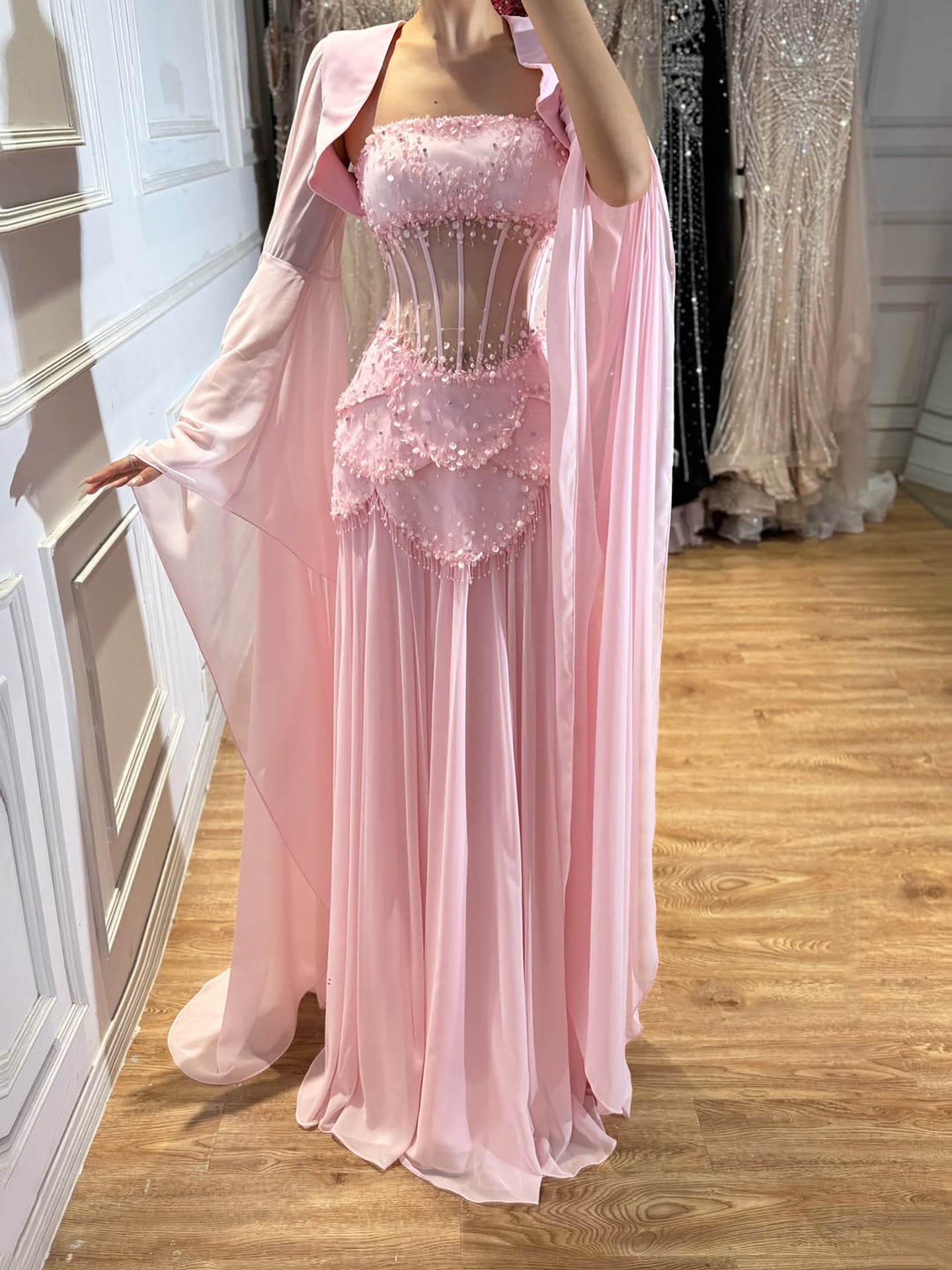 Luxury Pink Beaded A Line Strapless Dress with sheer Corset Bodice and Cape Sleeves CLA72978B
