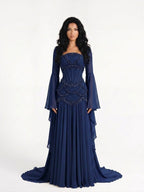 Luxury Pink Beaded A Line Dress with Chiffon Cape Sleeves CLA72978B