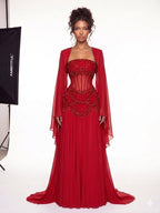 Luxury Pink Beaded A Line Dress with Chiffon Cape Sleeves CLA72978B