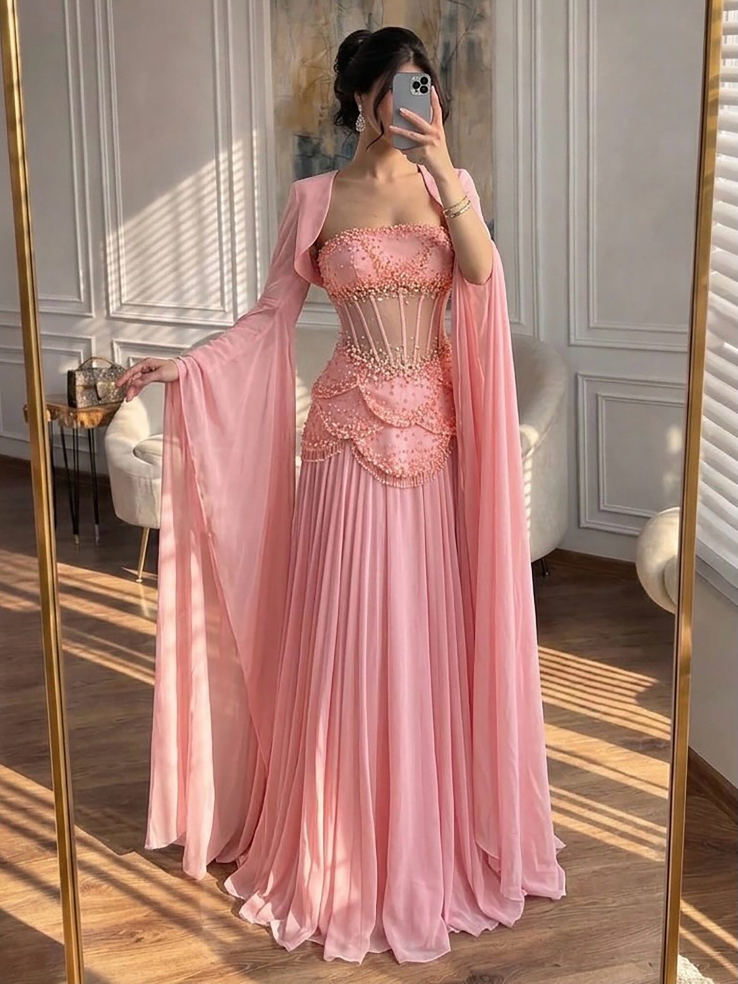 Luxury Pink Beaded A Line Dress with Chiffon Cape Sleeves CLA72978B