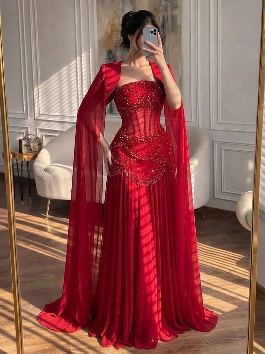 Luxury Pink Beaded A Line Dress with Chiffon Cape Sleeves CLA72978B