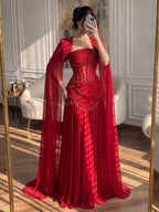 Luxury Pink Beaded A Line Dress with Chiffon Cape Sleeves CLA72978B