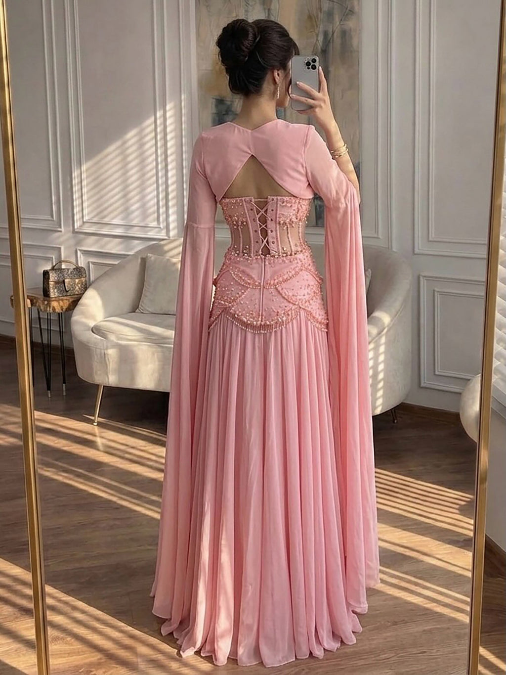 Luxury Pink Beaded A Line Dress with Chiffon Cape Sleeves CLA72978B