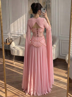 Luxury Pink Beaded A Line Dress with Chiffon Cape Sleeves CLA72978B