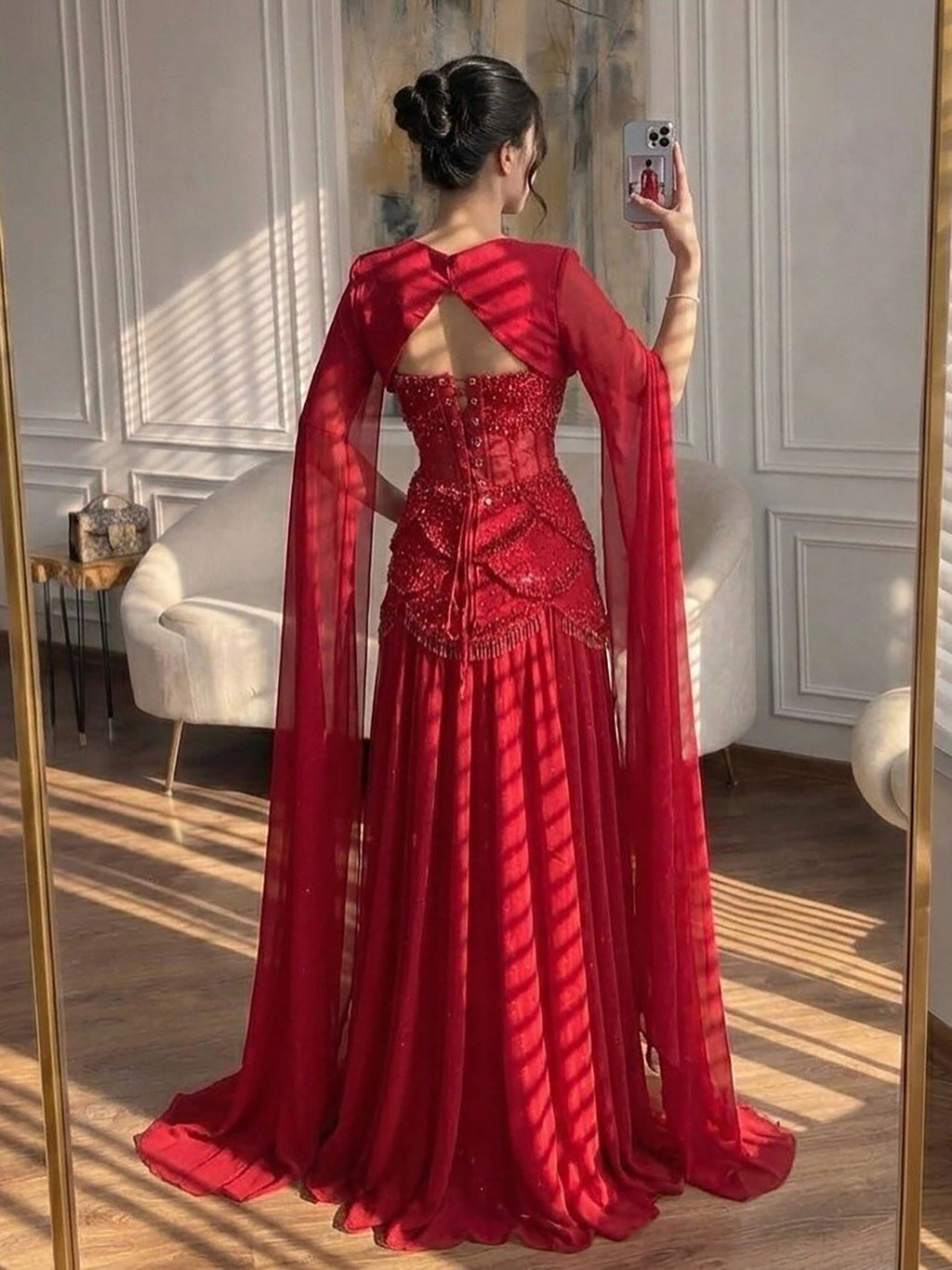 Luxury Pink Beaded A Line Dress with Chiffon Cape Sleeves CLA72978B