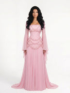 Luxury Pink Beaded A Line Dress with Chiffon Cape Sleeves CLA72978B