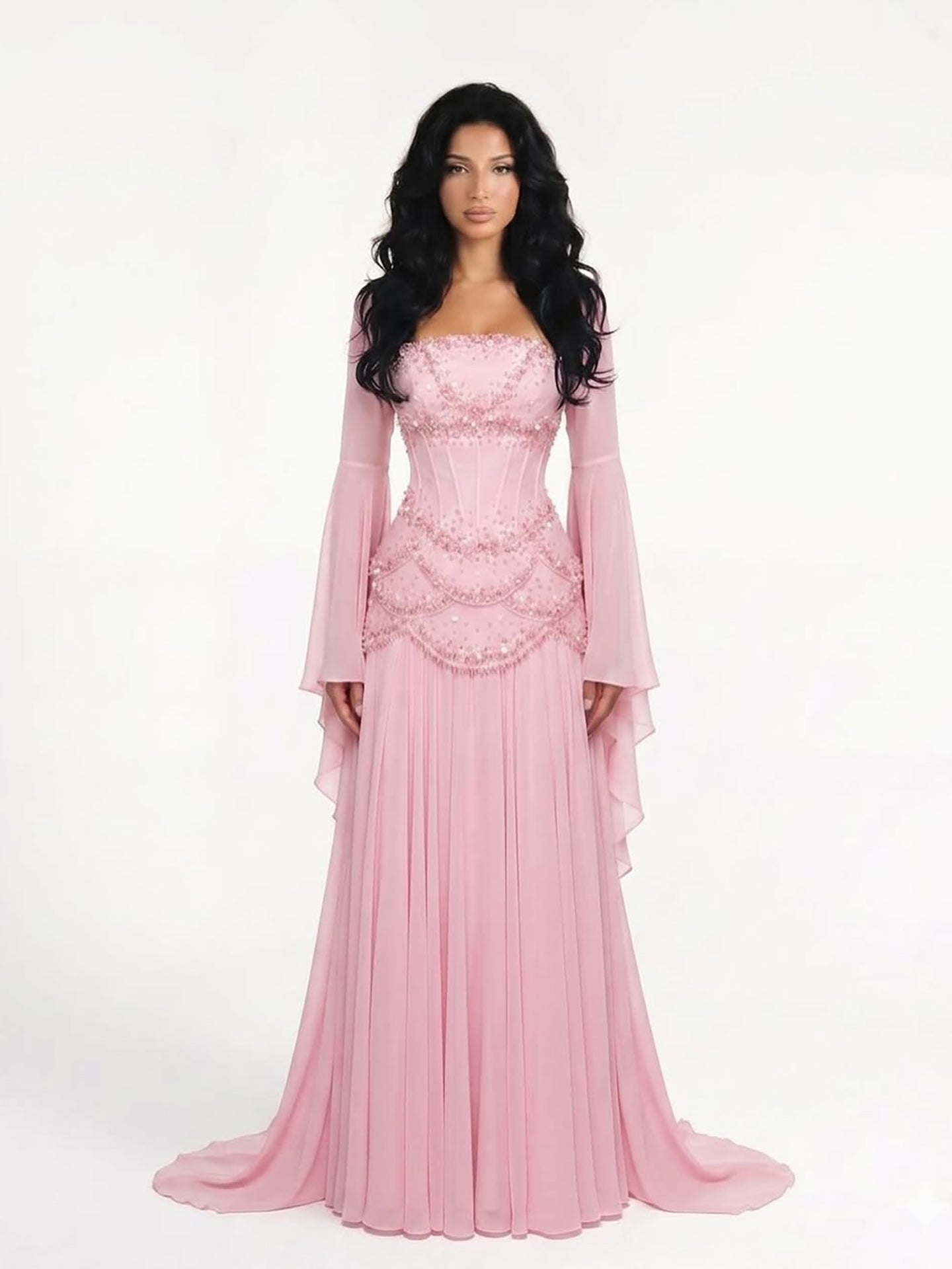 Luxury Pink Beaded A Line Dress with Chiffon Cape Sleeves CLA72978B