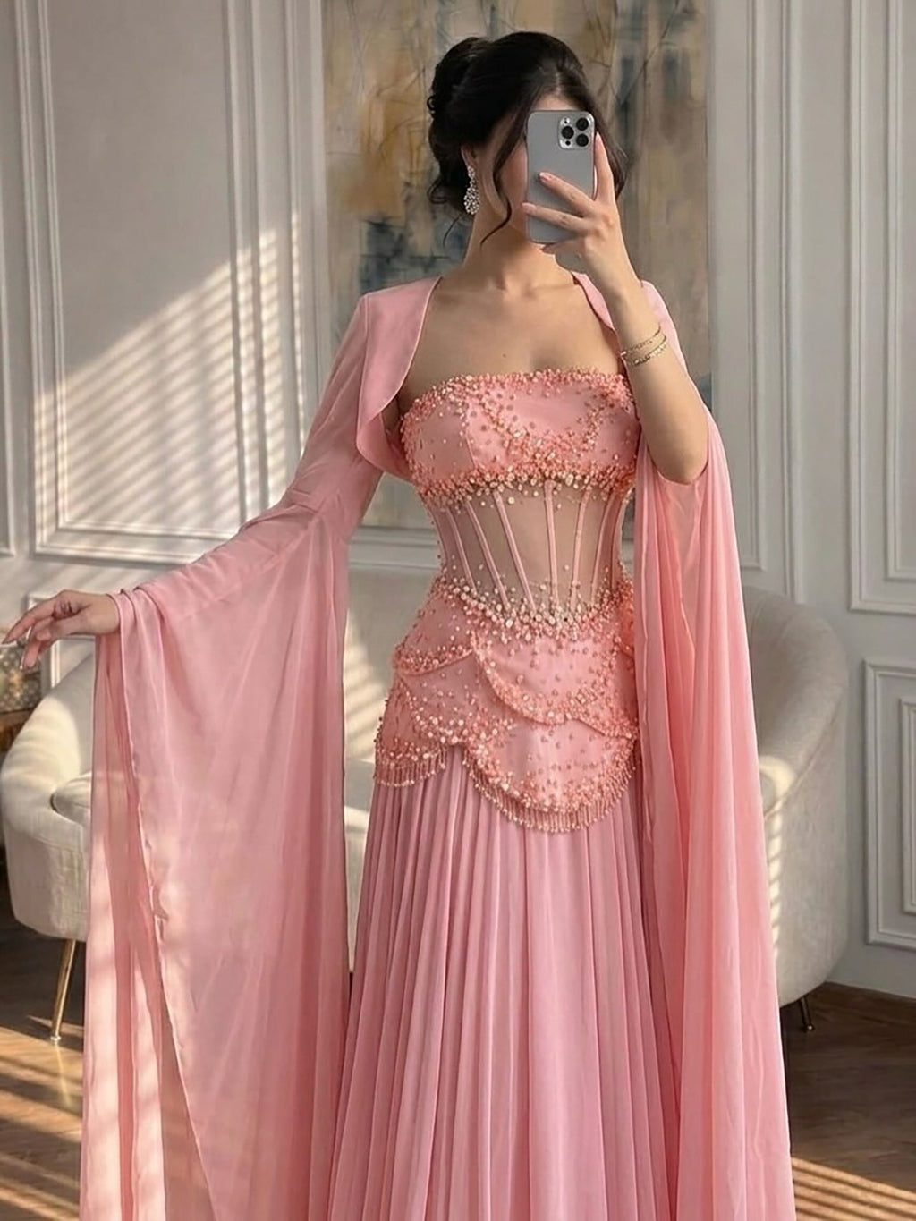 Luxury Pink Beaded A Line Dress with Chiffon Cape Sleeves CLA72978B