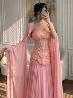 Luxury Pink Beaded A Line Dress with Chiffon Cape Sleeves CLA72978B