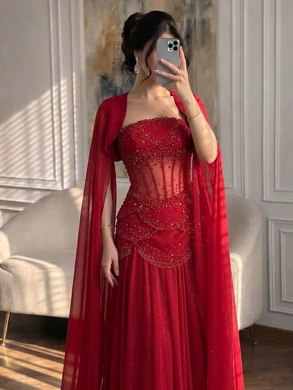 Luxury Pink Beaded A Line Dress with Chiffon Cape Sleeves CLA72978B