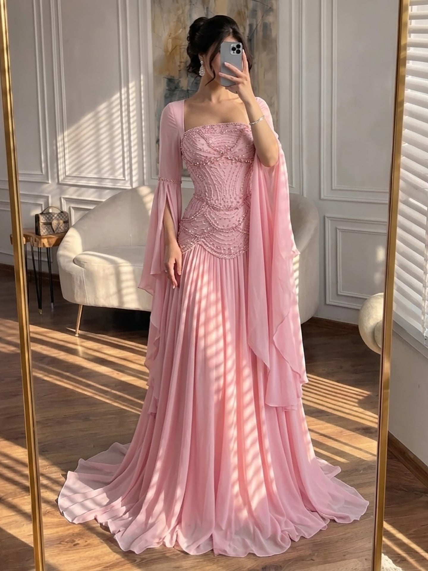 Luxury Pink Beaded A Line Dress with Chiffon Cape Sleeves CLA72978B
