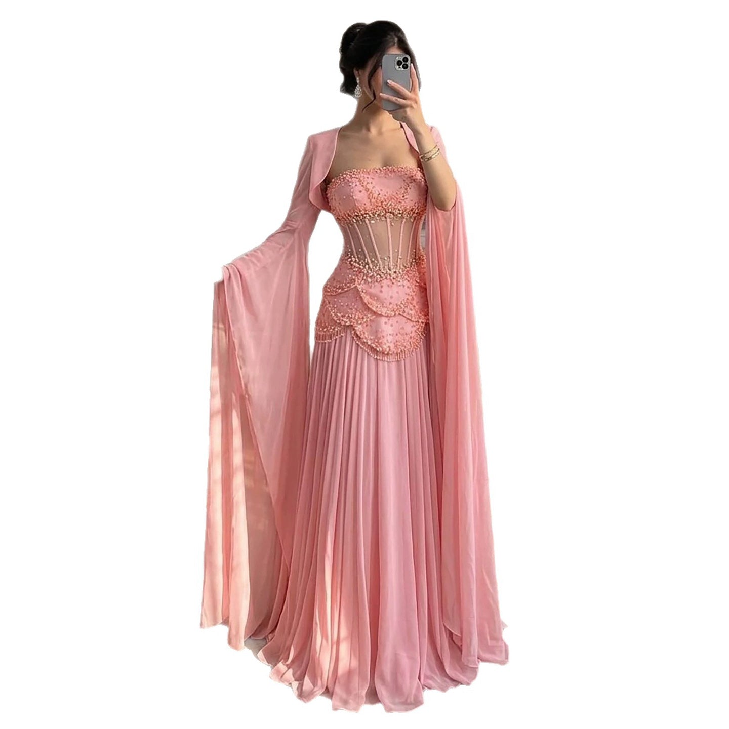 Luxury Pink Beaded A Line Dress with Chiffon Cape Sleeves CLA72978B