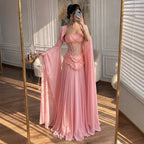 Luxury Pink Beaded A Line Dress with Chiffon Cape Sleeves CLA72978B
