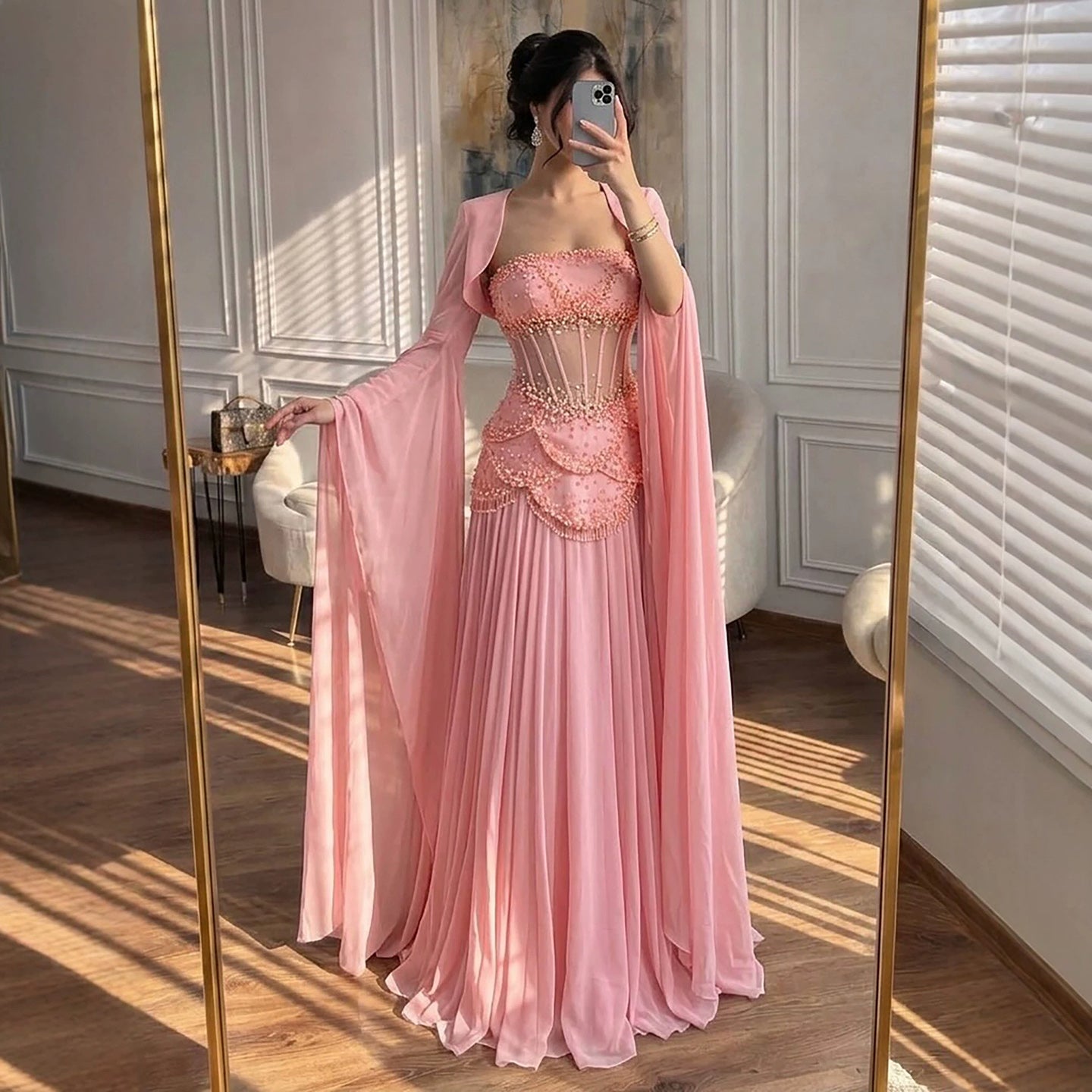 Luxury Pink Beaded A Line Dress with Chiffon Cape Sleeves CLA72978B