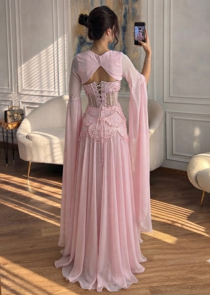 Luxury Pink Beaded A Line Strapless Dress with sheer Corset Bodice and Cape Sleeves CLA72978B