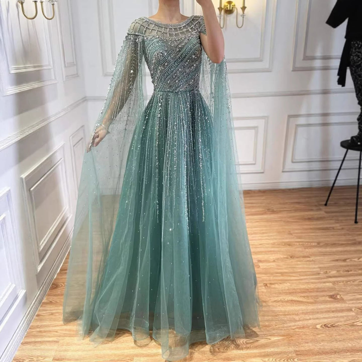 Luxury Beaded A-Line Cape Sleeves Round Neck Modest Evening Dress CLA72994
