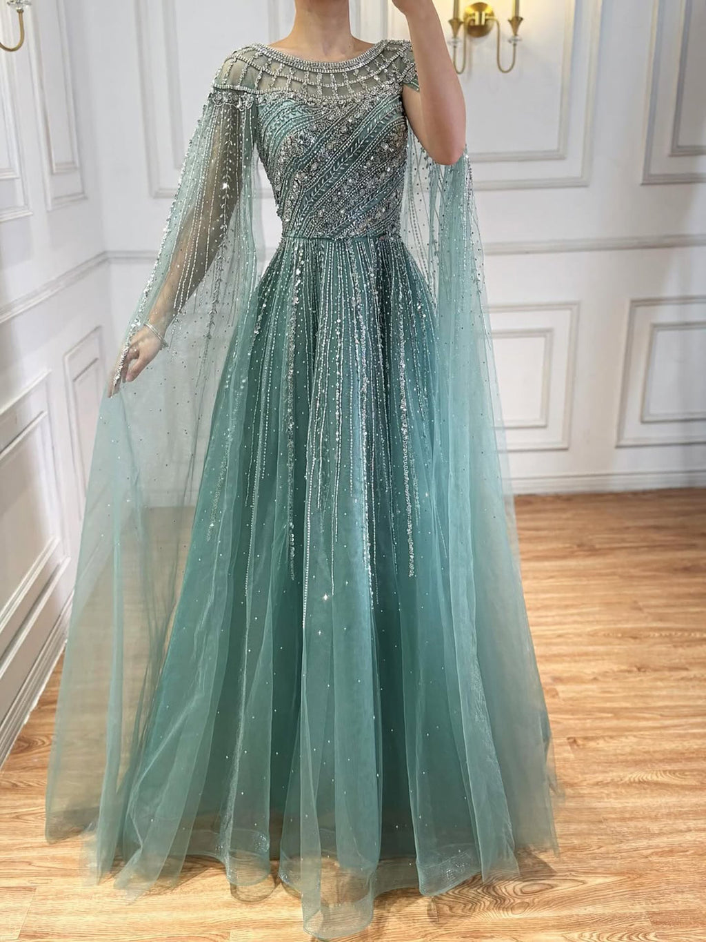 Luxury Beaded A-Line Cape Sleeves Round Neck Modest Evening Dress CLA72994