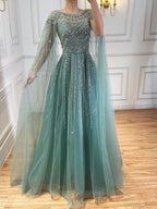 Luxury Beaded A-Line Cape Sleeves Round Neck Modest Evening Dress CLA72994