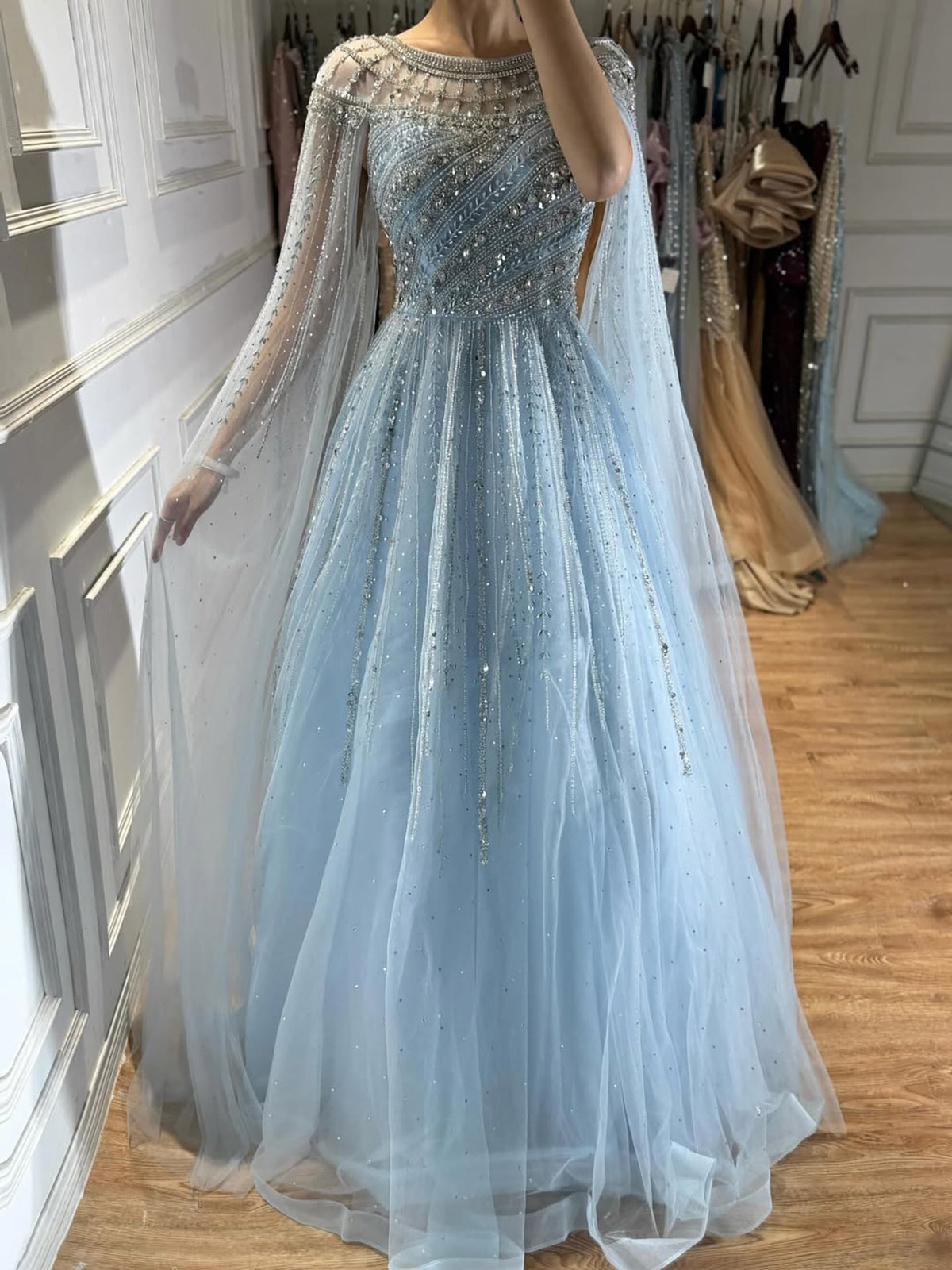 Luxury Beaded A-Line Cape Sleeves Round Neck Modest Evening Dress CLA72994