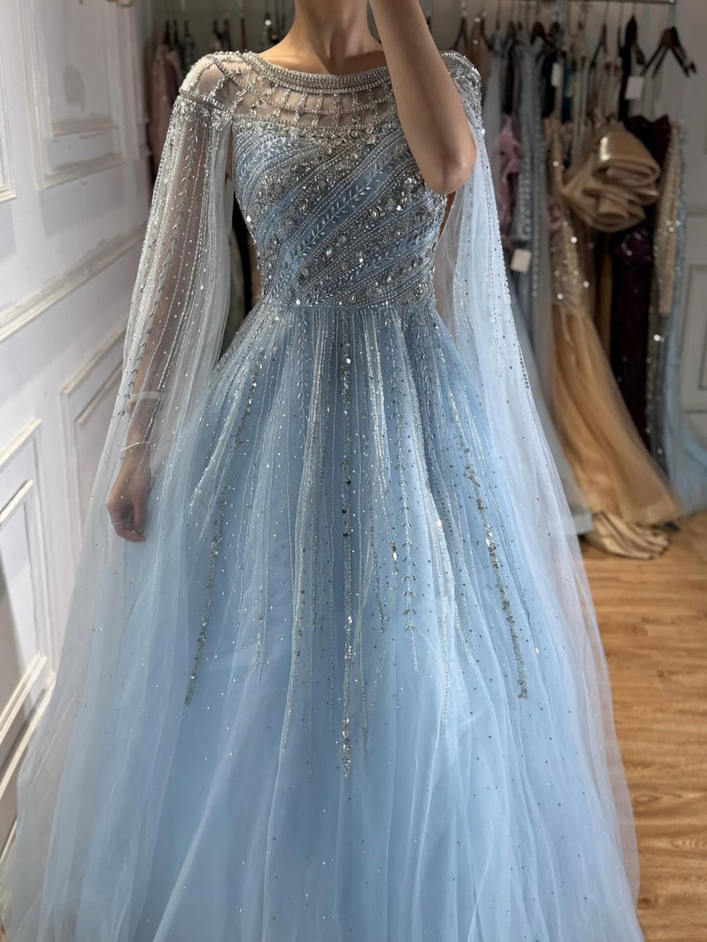 Luxury Beaded A-Line Cape Sleeves Round Neck Modest Evening Dress CLA72994