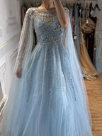 Luxury Beaded A-Line Cape Sleeves Round Neck Modest Evening Dress CLA72994