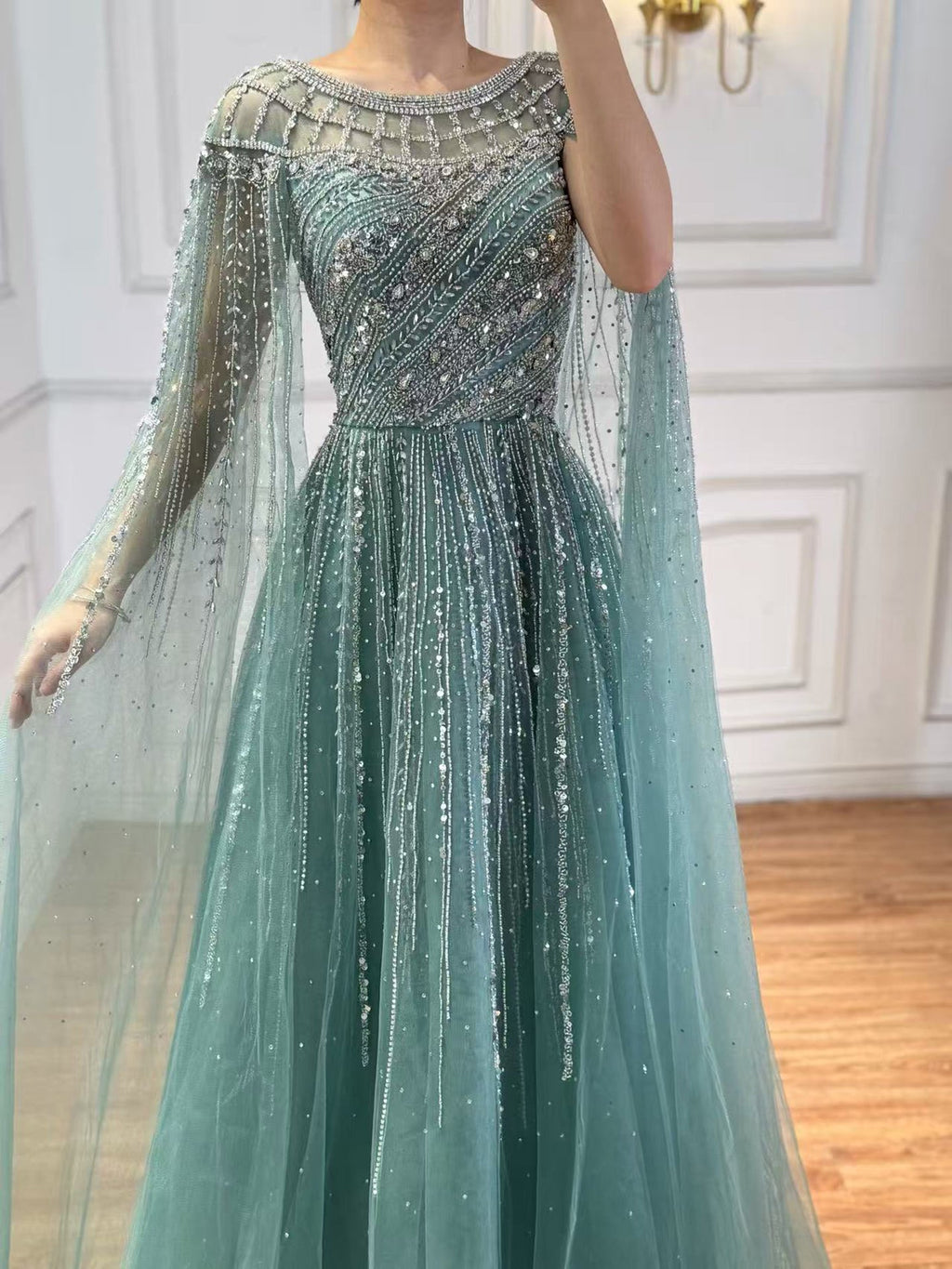 Luxury Beaded A-Line Cape Sleeves Round Neck Modest Evening Dress CLA72994