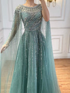 Luxury Beaded A-Line Cape Sleeves Round Neck Modest Evening Dress CLA72994