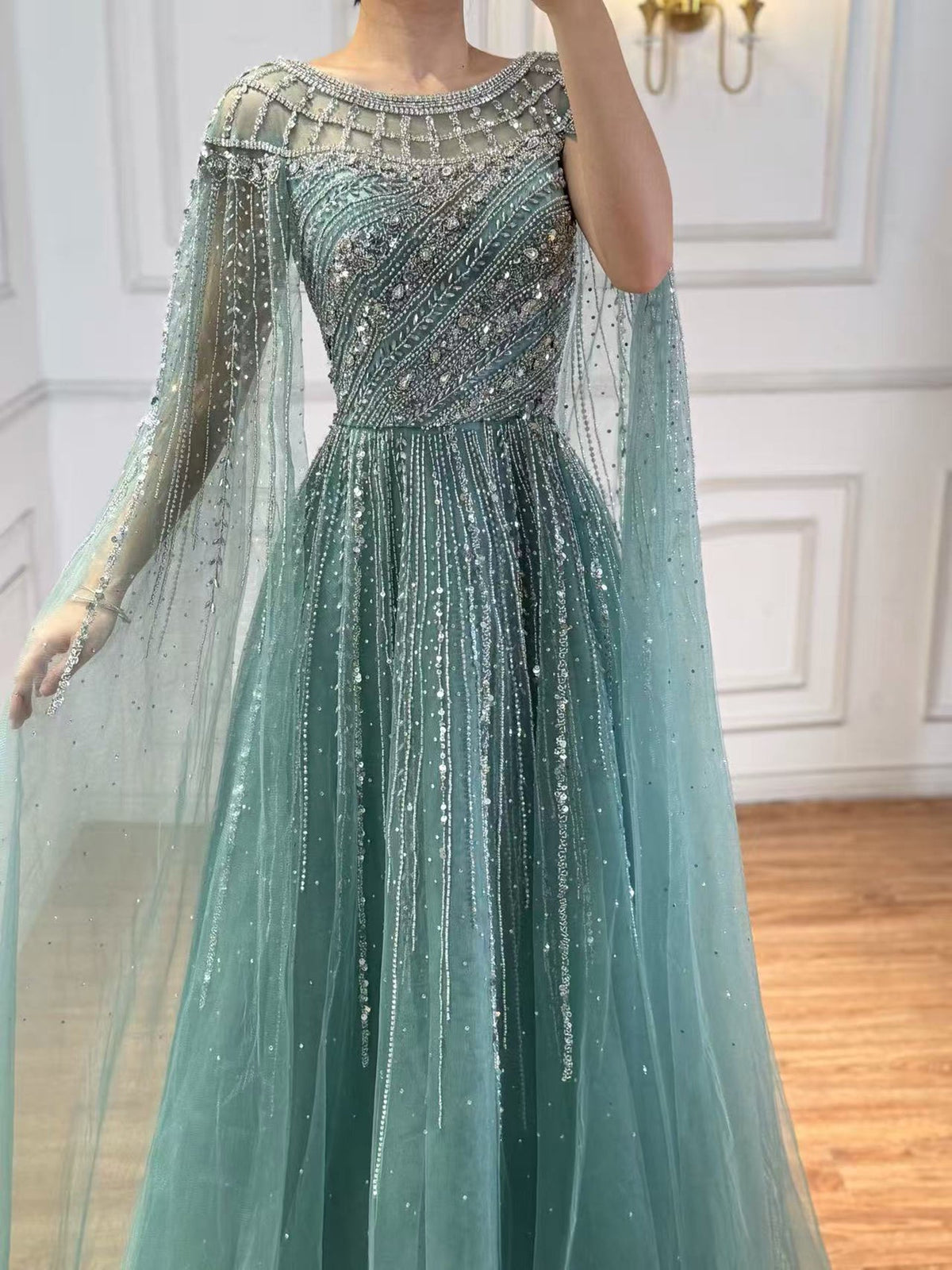 Luxury Beaded A-Line Cape Sleeves Round Neck Modest Evening Dress CLA72994
