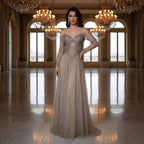 Luxury Caramel Beaded A-Line Evening Dress Long Sleeves CLA73038A
