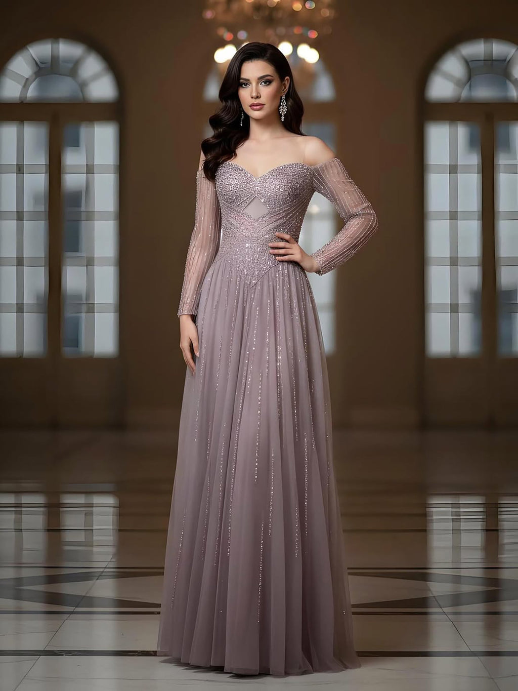 Luxury Caramel Beaded A-Line Evening Dress Long Sleeves CLA73038A