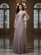 Luxury Caramel Beaded A-Line Evening Dress Long Sleeves CLA73038A