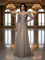 Luxury Caramel Beaded A-Line Evening Dress Long Sleeves CLA73038A